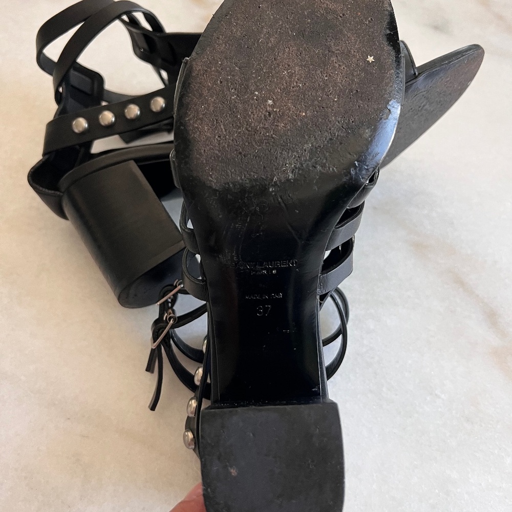 YSL Saint Laurent Calfskin Stud Block Heel Gladiator Sandals Black 37 / US 7 - Picture 13 of 13